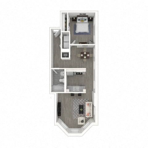 A floor plan of a small apartment with a kitchen, living room, and bathroom.